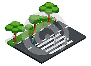 Trendy People Isometric vector 3D teenagers, young people, students, freelancers, roadway, curbs, trees, pedestrians, gadgets