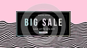 Trendy pink and black Sale banner with text Big Sale in frame on a background with wavy distorted stripes