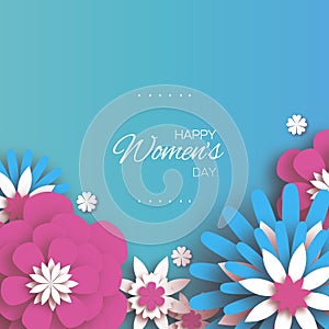 Trendy Pink Blue Happy Women`s Day. 8 March. Origami Floral Greeting Card. Paper cut Flowers. Mother`s day. Text. Spring