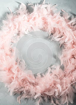 Trendy pink feather frame on turquoise background