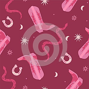 Trendy pink seamless pattern with cowboy boots, snakes and horseshoes. Vector graphics