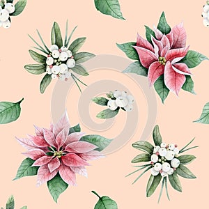 Trendy poinsettia Christmas flowers and white berries with leaves watercolor seamless pattern on peach pastel color