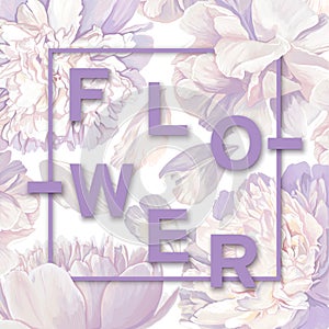 Trendy poster with blooming white peonies. Spring background in pastel purple tones. Floral spring graphic design.