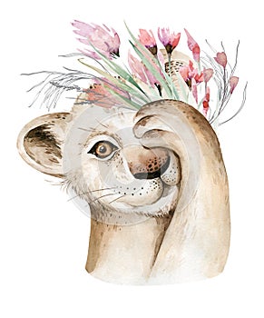 A trendy poster with a lion. Watercolor cartoon lion savanna animal illustration. Jungle savannah tropical exotic summer