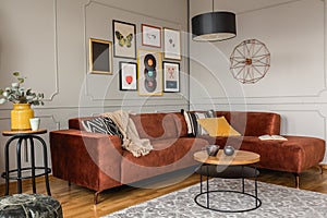 Trendy posters in elegant grey living room interior with brown corner sofa