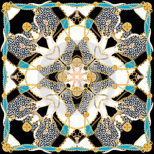 Trendy print with golden chains, belts and leopard. Seamless pattern with vintage elements.