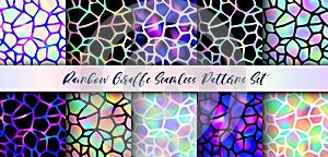 Trendy Rainbow Giraffe seamless patterns set. Vector gradient wild animal skin, cow texture with black, neon iridescent