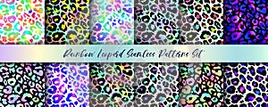 Trendy Rainbow Leopard seamless patterns set. Vector gradient wild animal cheetah skin, leo texture with black, neon and