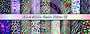 Trendy Rainbow Wild Animals seamless patterns set. Vector gradient leopard, cheetah, tiger, snake, zebra and giraffe