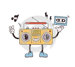 Trendy retro cartoon Radio character. Cassette player. World Radio Day. Groovy style, vintage, 80s, 90s aesthetics