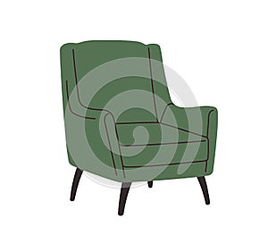 Trendy retro-styled armchair design. Modern mid-century arm chair with upholstered armrests, seat, high back. Cozy soft
