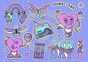 Trendy retro y2k anti Valentines day stickers set. 2000s anti valentine day concept with cartoon heart characters with