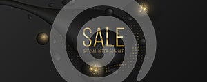Trendy sale banner. Black liquid shapes with golden glitter halftone effect. Promotional marketing discount event. Design element