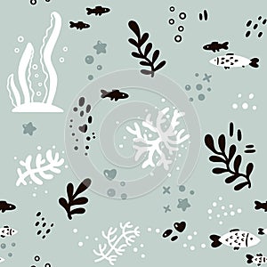 Trendy sea seamless pattern with hand texture and geometric elements. Vector illustration