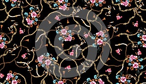 Trendy seamless colored flowers full of belts and chains; Retro style floral.