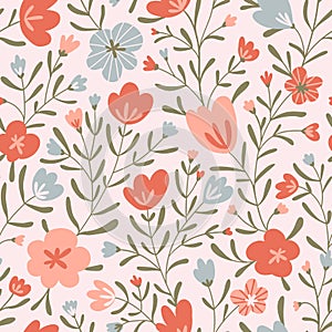 Trendy seamless floral ditsy pattern. Fabric design with simple flowers. Vector cute repeated pattern for baby fabric, wallpaper