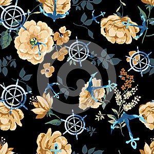 Trendy Seamless Floral Pattern in with anchors, ship wheels black