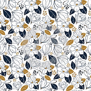Trendy seamless floral pattern with magnolia flowers,buds and leaves in deep blue and mustard colors. Vector hand drawn illustrati