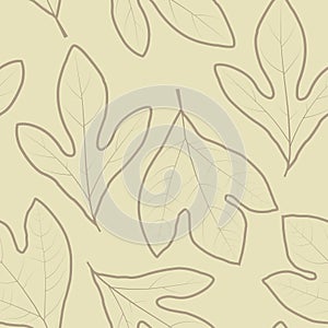 Trendy seamless graphic ditsy pattern design of hand drawn sassafras leaves. Artistic vector foliage background