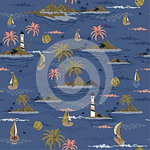 Trendy seamless island pattern Landscape with palm trees,beach and ocean vector hand drawn style on stylish ocean blue color