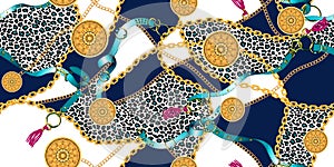 Trendy Seamless Leopard Skin with Golden Chains on Darkblue and White Background. photo