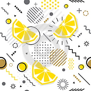 Trendy seamless, Memphis style lemon geometric pattern, vector