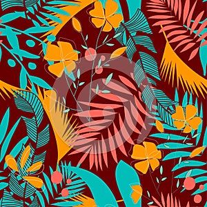 Trendy seamless pattern with colorful tropical leaves and flowers on a Burgundy background. Vector design. Jungle print. Floral ba