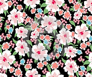 Trendy Seamless Pattern with Decorative Flowers. Repeating Design for Fabric Prints. Small Multicolor Flowers. Black background. M