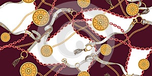 Trendy Seamless Pattern with Golden Chains and Belts on Darkred and White Background.