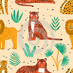 Trendy seamless pattern with hand drawn lions, tigers, leopards and leaves of tropical plants on light background