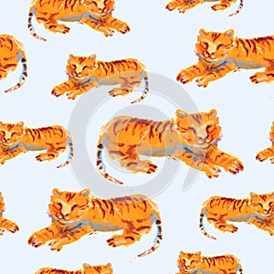 Trendy seamless pattern with hand drawn tigers