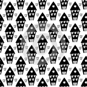 Trendy seamless pattern with houses and windows. Hand drawn doodle buildings in line art style