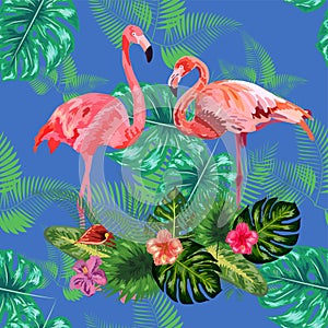 Trendy seamless pattern pink flamingo birds couple. Bright camelia flowers. Tropical monstera green leaves