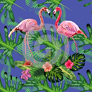 Trendy seamless pattern pink flamingo birds couple. Bright camelia flowers. Tropical monstera green leaves