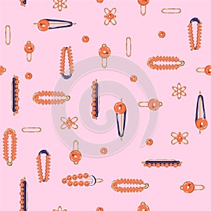 Trendy Seamless pattern vector. Set of hair accessory. Beautiful Vintage Hairpins  in orange pearl and gold metal illustration