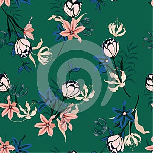 Trendy Seamless pattern vector with tulips flowers. Hand drawing