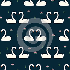 Trendy seamless pattern with white swans in love and water lily on dark blue background.