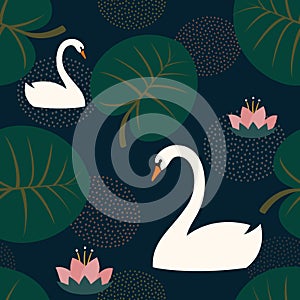 Trendy seamless pattern with white swans, water lily and leaves on dark blue background.