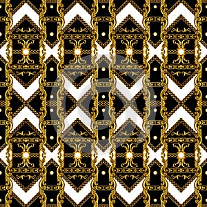 Trendy Seamless striped fashion print desgin with Golden baroque.  Vintage scarf pattern with black and white background ready for