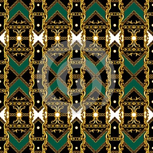 Trendy Seamless striped fashion print desgin with Golden baroque.  Vintage scarf pattern with green and black background ready for