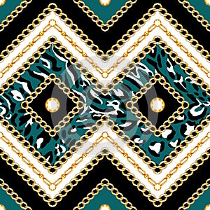 Trendy Seamless striped fashion print desgin with Golden chains.  Vintage scarf pattern with leopard skin on green background read