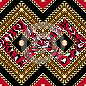 Trendy Seamless striped fashion print desgin with Golden chains.  Vintage scarf pattern with leopard skin on red background ready