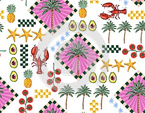 Trendy seamless Summer Tropical Bliss Vacation Seamless pattern. Summer fruit, badges , Sticker photo