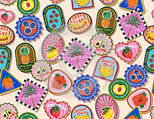 Trendy seamless Summer Tropical Bliss Vacation Seamless pattern. Summer fruit, badges , Sticker photo