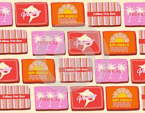 Trendy seamless Summer Tropical Bliss Vacation Seamless pattern. Summer fruit, badges , Sticker photo