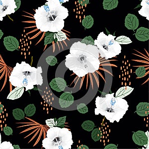 Trendy Seamless vector white hibiscus exotic floral pattern, spring summer background with tropical flowers, palm leaves, Hawaiian