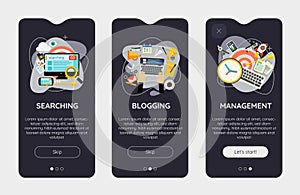 Trendy Search, Blogging and Management UI Mobile App Splash Onbard Screens