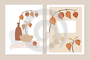 Trendy set of floral fall greeting cards, invitations. Physalis fruit, leaves, branches and vase. Abstract geometric