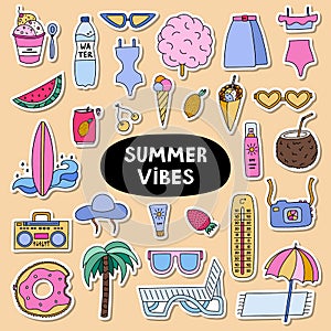 Trendy set of stickers about summer holiday, tropical beach, hot summer rest for planners. Ready for print list of stickers. Hand