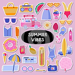 Trendy set of stickers about summer holiday, tropical beach, hot summer rest for planners. Ready for print list of stickers. Hand